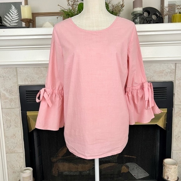 J.Crew Pastel Pink Long Sleeve Top with Bell Sleeve and Tie Finish - Picture 4 of 14
